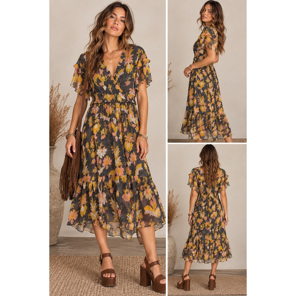 bohme Short Sleeve Dress Womens XL Black Floral Boho Midi Fall Everyday